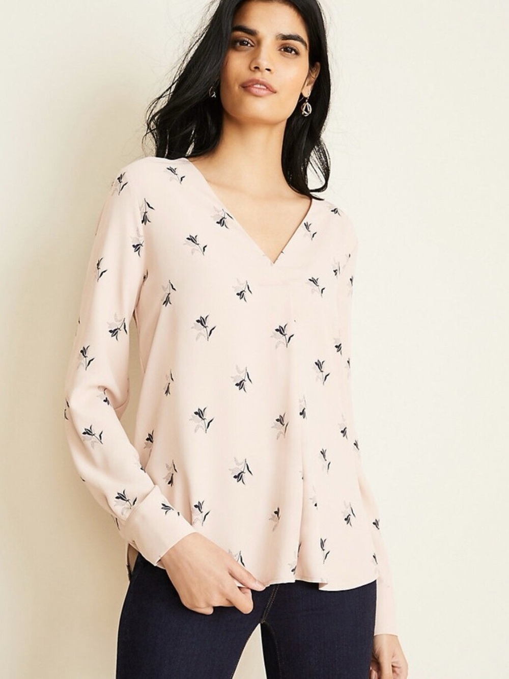 Light Pink Ann Taylor Floral Mixed Media Pleat Front Top